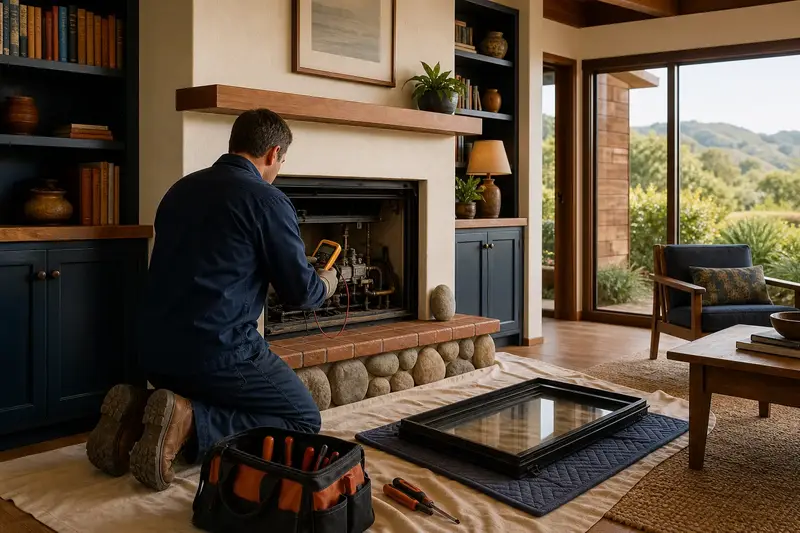 A technician kneeling at a direct-vent gas fireplace with the glass front removed, testing the controls with a multimeter; illustrative image