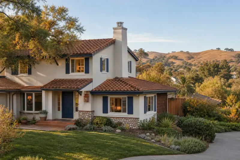 A 1970s two-story stucco suburban house with a stucco-finished masonry chimney with a spark arrestor cap topped by a new stainless steel cap; illustrative image