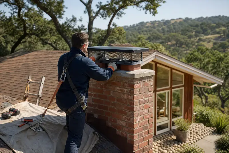 A harnessed technician fastening a multi-flue cap over the crown of a brick chimney with a concrete crown on a composition shingle roof; illustrative image