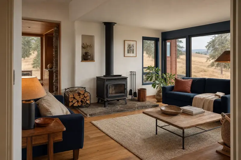A tidy hearth room with a cast-iron wood stove on a stone hearth pad, a cleared hearth, fireplace tools and split firewood; illustrative image