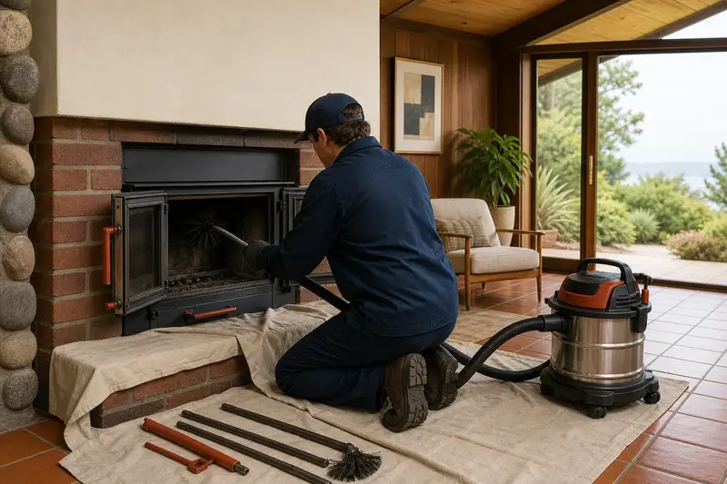 A technician kneeling at a wood-burning insert in a brick opening with a sealed vacuum and drop cloths, the fireplace cold and unlit; illustrative image