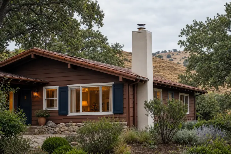 A 1970s wood-sided contemporary house with a stucco-finished masonry chimney with a spark arrestor cap and a stainless steel cap; illustrative image