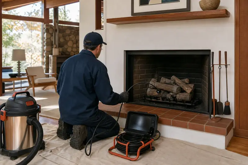 A technician guiding an inspection camera into the firebox of a vented gas log set in a masonry firebox, the fireplace cold and unlit; illustrative image