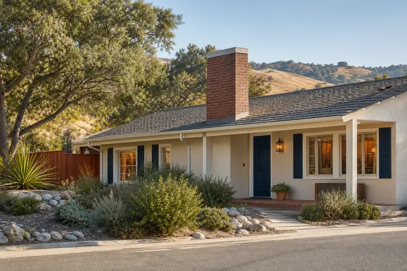 A 1970s stucco ranch house in soft daylight with a brick chimney with a concrete crown on a composition shingle roof and even brickwork; illustrative image