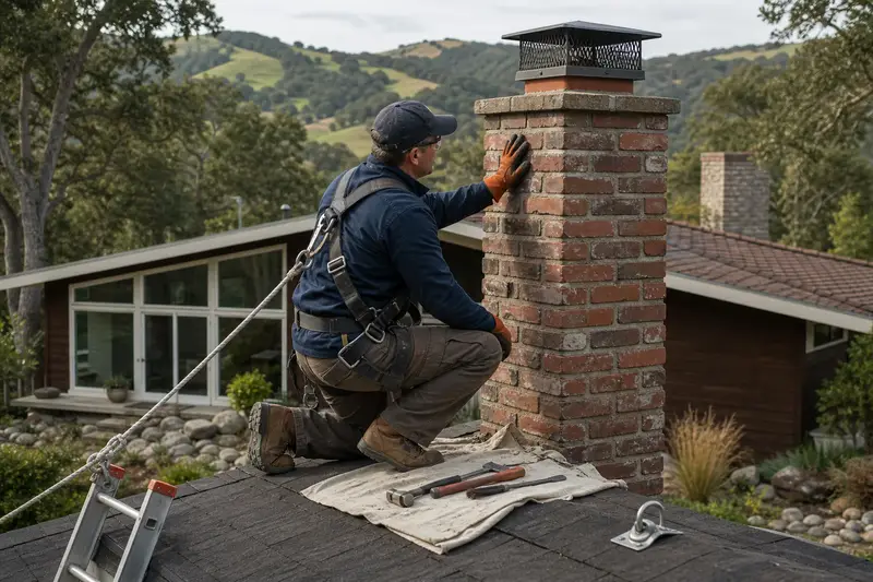 A harnessed mason examining the brickwork of a used-brick chimney with a spark arrestor cap with a gloved hand; illustrative image