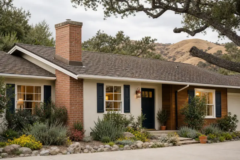 A 1970s stucco ranch house with a brick chimney with a concrete crown on a composition shingle roof and neat mortar joints; illustrative image