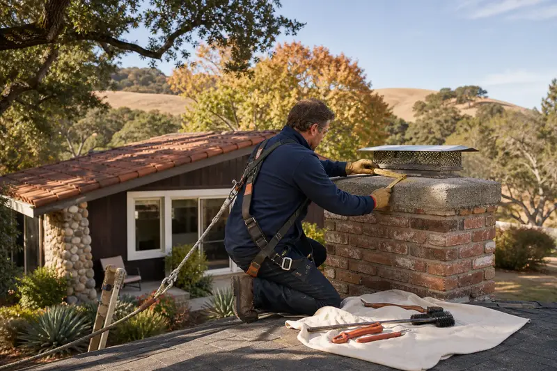 A harnessed mason measuring the crown of a used-brick chimney with a spark arrestor cap with a folding rule; illustrative image