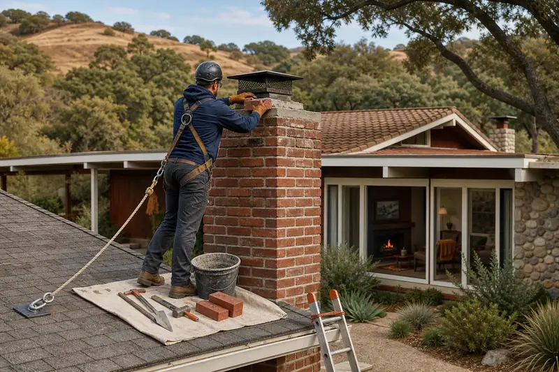A harnessed mason setting a replacement brick near the top of a brick chimney with a concrete crown on a composition shingle roof; illustrative image
