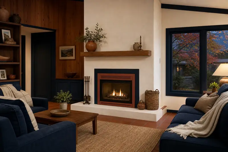 A living room with a direct-vent gas fireplace glowing warmly behind glass, no one present; illustrative image