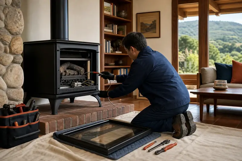 A technician testing the igniter of a freestanding gas stove with the glass front set aside; illustrative image