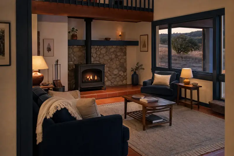 A warm living room with a freestanding gas stove glowing softly behind its glass, no one present; illustrative image