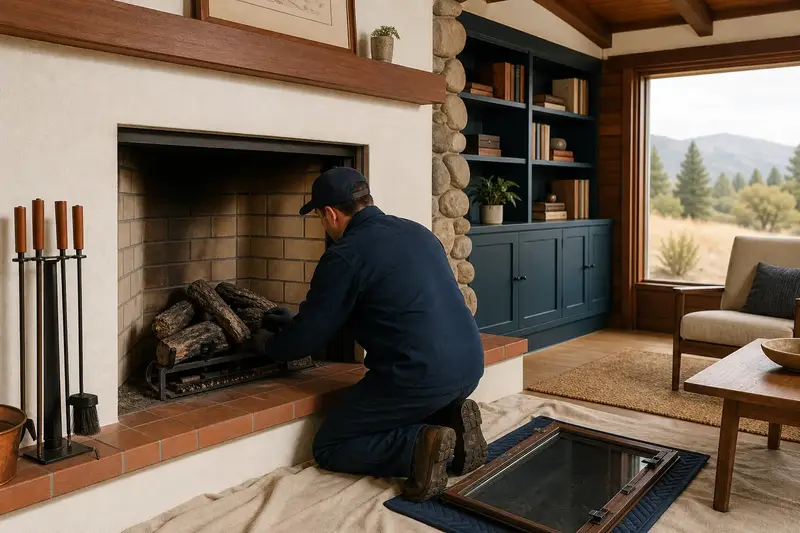 A technician checking the burner and log placement of a vented gas log set in a masonry firebox with the gas off and the glass set aside; illustrative image