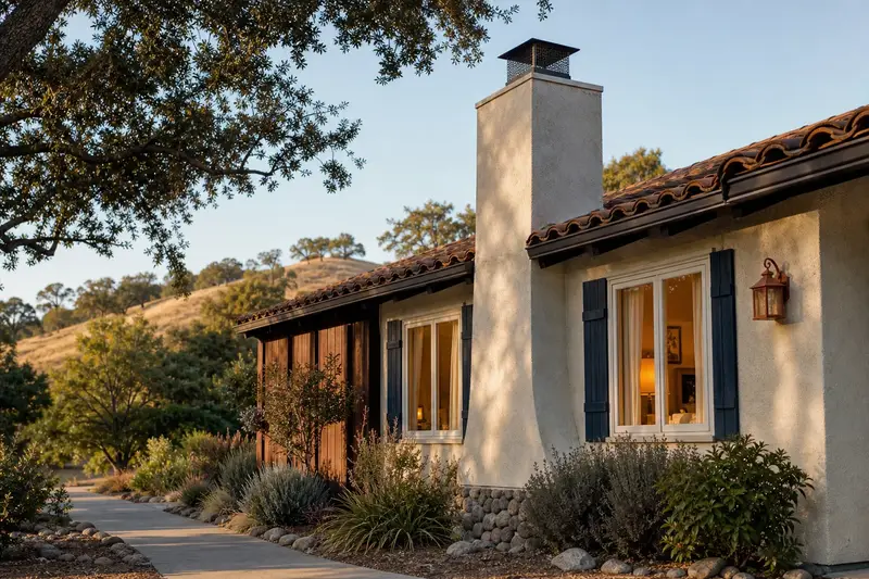 A 1970s stucco ranch house with a stucco-finished masonry chimney with a spark arrestor cap, lit windows and a swept front walk; illustrative image