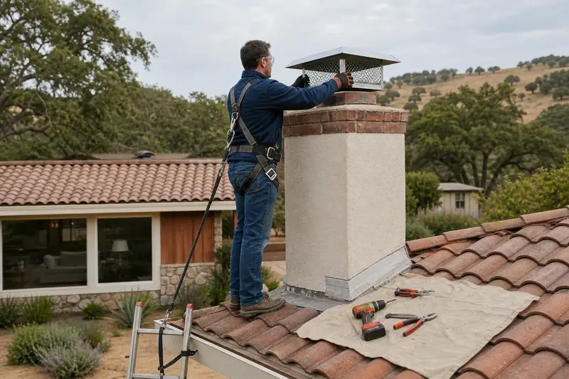 A harnessed technician setting a stainless steel mesh chimney cap onto a stucco-finished masonry chimney with a spark arrestor cap; illustrative image