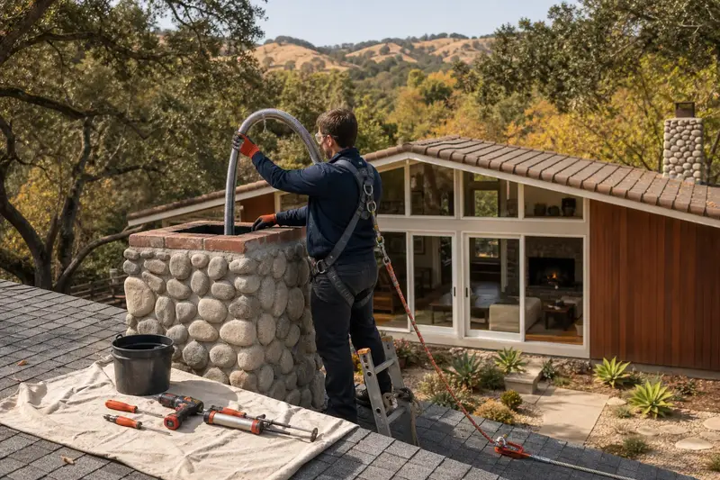 A harnessed technician guiding a flexible stainless steel liner down into the flue at the top of a river rock chimney on a low-pitched roof; illustrative image