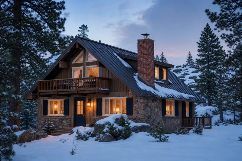A 1970s timber-and-stone chalet with a brick chimney with a concrete crown on a metal roof topped by a new stainless steel cap; illustrative image