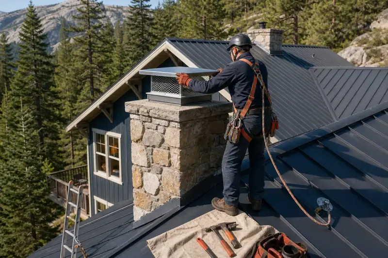 A harnessed technician setting a stainless steel mesh chimney cap onto a stone chimney on a steep snow-shedding roof; illustrative image