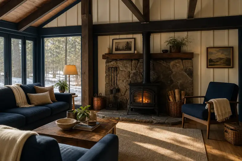 A living room with a cast-iron wood stove on a stone hearth pad and a small fire behind a screen, no one present; illustrative image