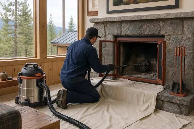 A technician kneeling at an open masonry wood-burning fireplace with a sealed vacuum and drop cloths, the fireplace cold and unlit; illustrative image