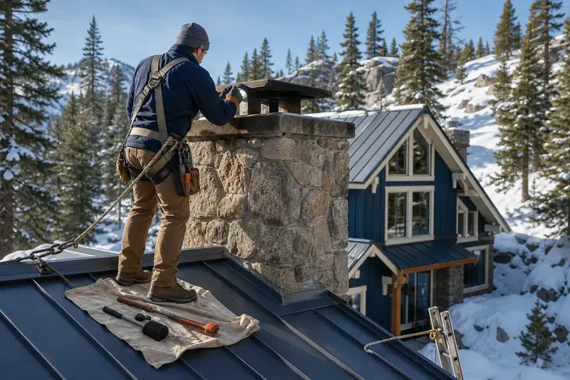 A harnessed technician examining the top of a stone chimney on a steep snow-shedding roof with a flashlight from a dry roof surface; illustrative image