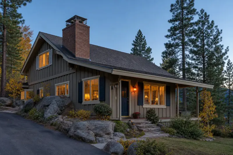 A 1970s board-and-batten mountain house in soft daylight with a brick chimney with a spark arrestor cap on a cedar shake roof and even brickwork; illustrative image