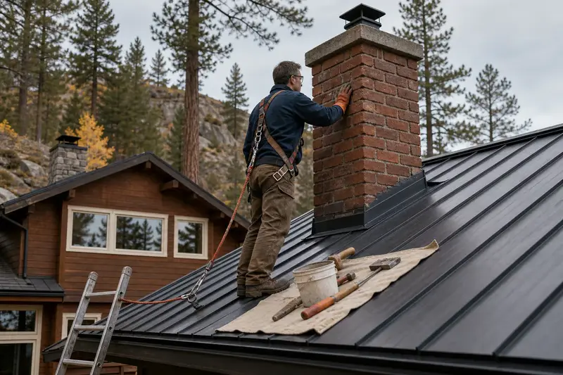 A harnessed mason examining the brickwork of a brick chimney with a concrete crown on a metal roof with a gloved hand; illustrative image