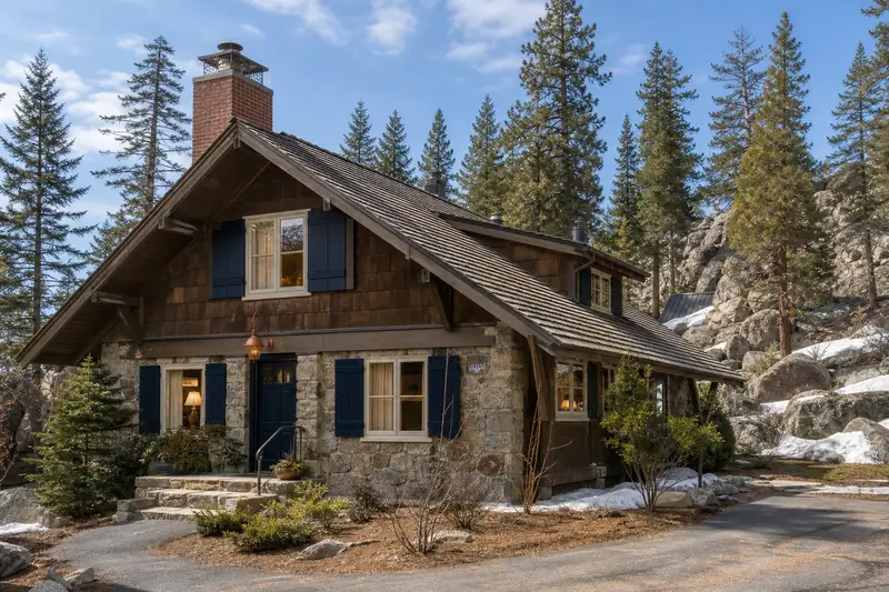 A 1970s timber-and-stone chalet with a brick chimney with a spark arrestor cap on a cedar shake roof and neat, even mortar joints; illustrative image