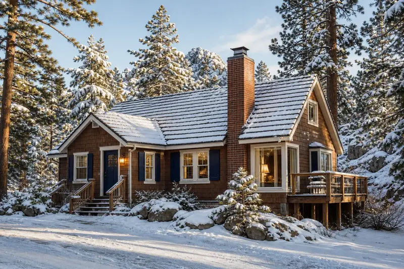 A 1970s cedar-sided cabin with a brick chimney with a spark arrestor cap on a cedar shake roof and neat mortar joints; illustrative image