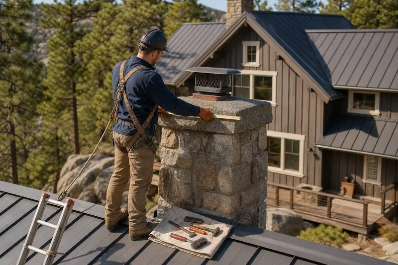 A harnessed mason measuring the crown of a granite stone chimney on a metal roof with a folding rule; illustrative image