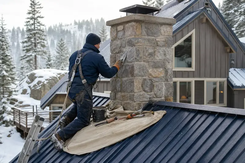 A harnessed mason repointing mortar joints on a stone chimney on a steep snow-shedding roof with a pointing trowel; illustrative image