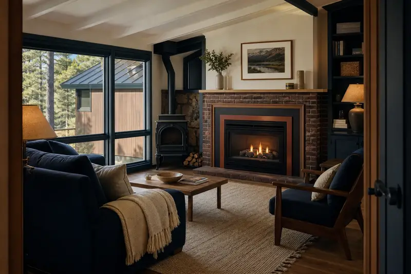 A living room with a gas insert set in a brick opening glowing warmly behind glass, no one present; illustrative image