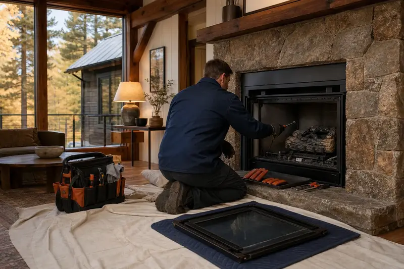 A technician testing the igniter of a direct-vent gas fireplace with the glass front set aside; illustrative image