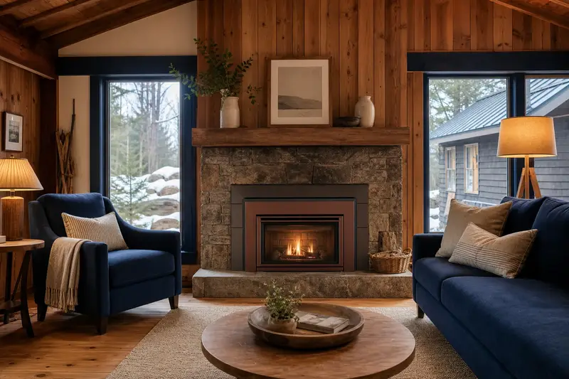 A warm living room with a gas insert set in a brick opening glowing softly behind its glass, no one present; illustrative image