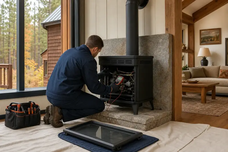 A technician kneeling at a freestanding gas stove with the glass front removed, testing the controls with a multimeter; illustrative image