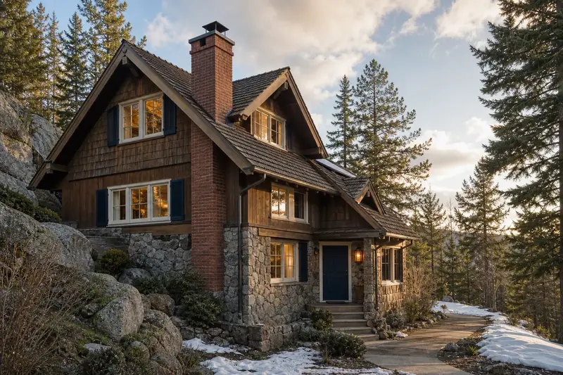 A 1970s timber-and-stone chalet with a brick chimney with a spark arrestor cap on a cedar shake roof, lit windows and a swept front walk; illustrative image