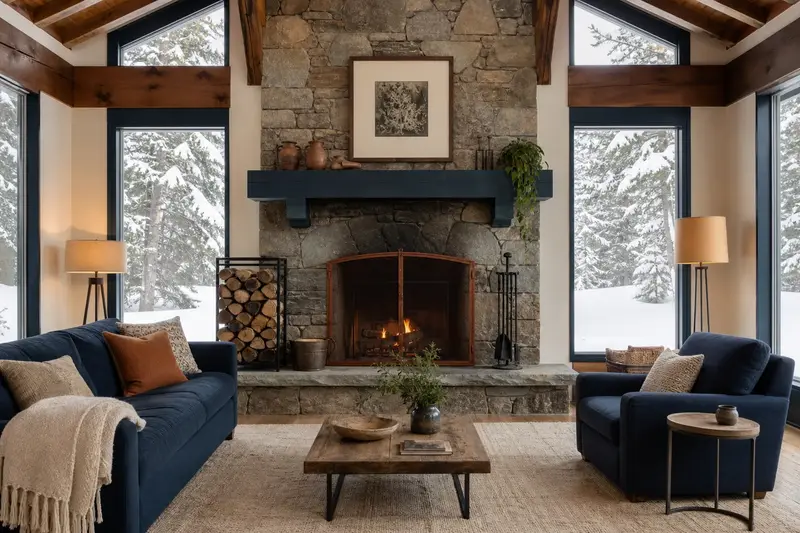 A hearth room with an open masonry wood-burning fireplace, split firewood in a steel rack and a clear hearth; illustrative image