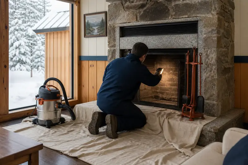 A technician checking the firebox walls of a factory-built wood-burning fireplace with a stone facing with a work light, a drop cloth on the hearth; illustrative image
