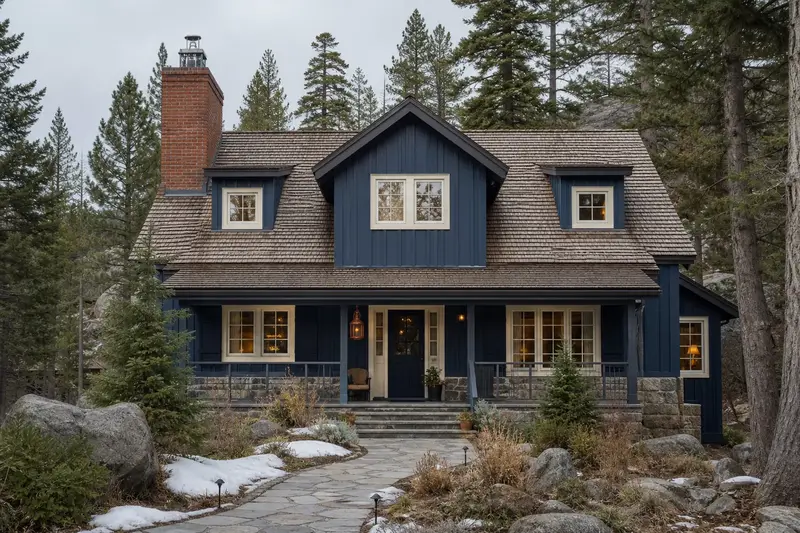 A 1980s board-and-batten mountain house with a brick chimney with a spark arrestor cap on a cedar shake roof topped by a new stainless steel cap; illustrative image