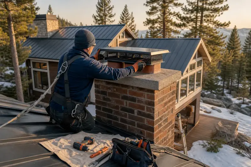 A harnessed technician fastening a multi-flue cap over the crown of a brick chimney with a concrete crown on a metal roof; illustrative image