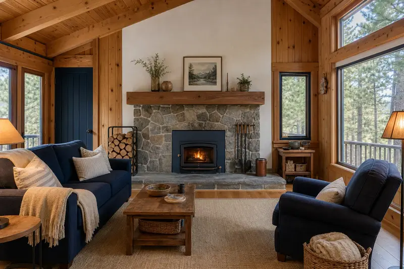 A tidy hearth room with a wood-burning insert in a brick opening, a cleared hearth, fireplace tools and split firewood; illustrative image