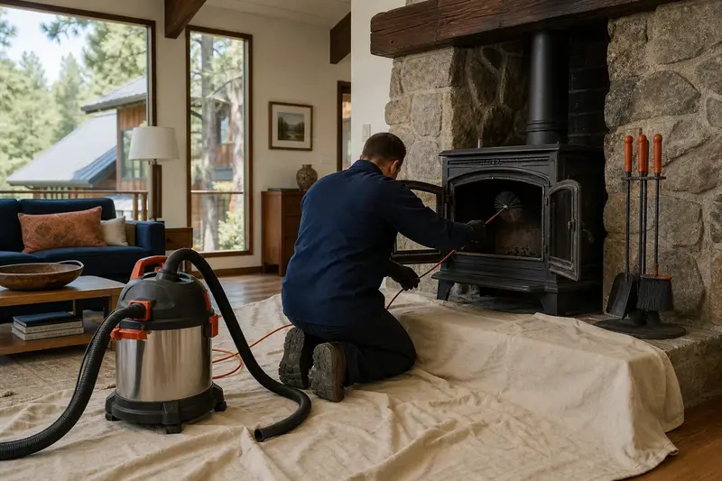 A technician kneeling at a cast-iron wood stove on a stone hearth pad with a sealed vacuum and drop cloths, the fireplace cold and unlit; illustrative image