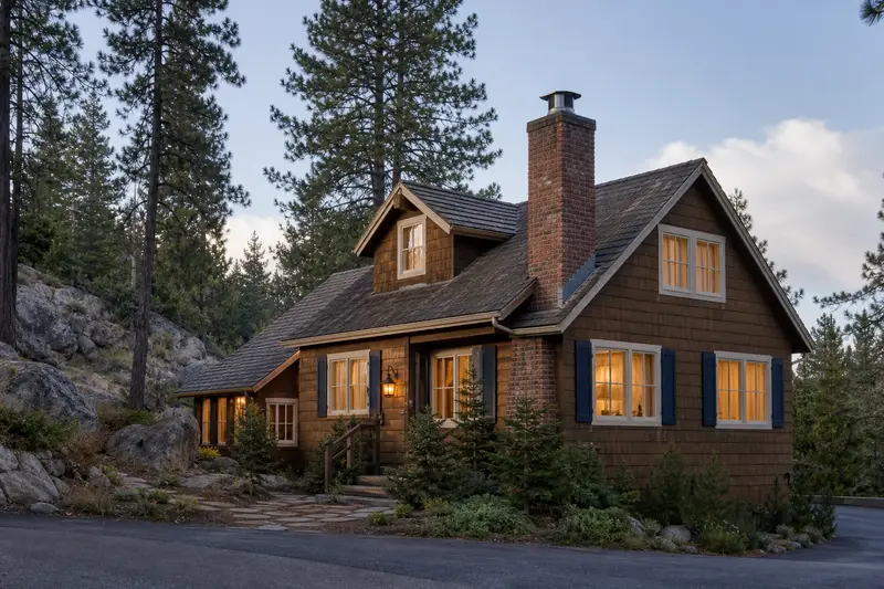 A 1980s cedar-sided cabin with a brick chimney with a spark arrestor cap on a cedar shake roof and a stainless steel cap; illustrative image