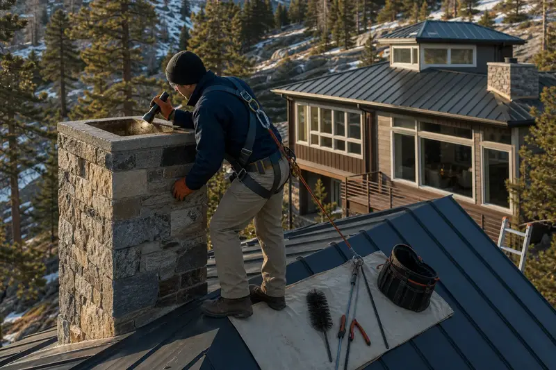 A harnessed technician examining the top of a stone chimney on a steep snow-shedding roof with a flashlight from a dry roof surface; illustrative image