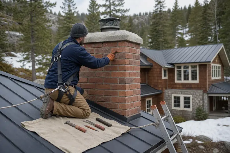 A harnessed mason examining the brickwork of a brick chimney with a concrete crown on a metal roof with a gloved hand; illustrative image