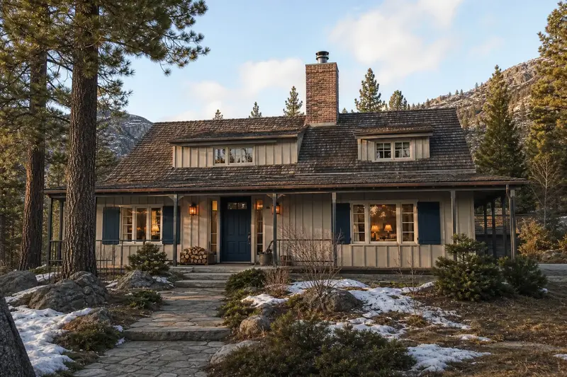 A 1980s board-and-batten mountain house with a brick chimney with a spark arrestor cap on a cedar shake roof rising above the roof; illustrative image