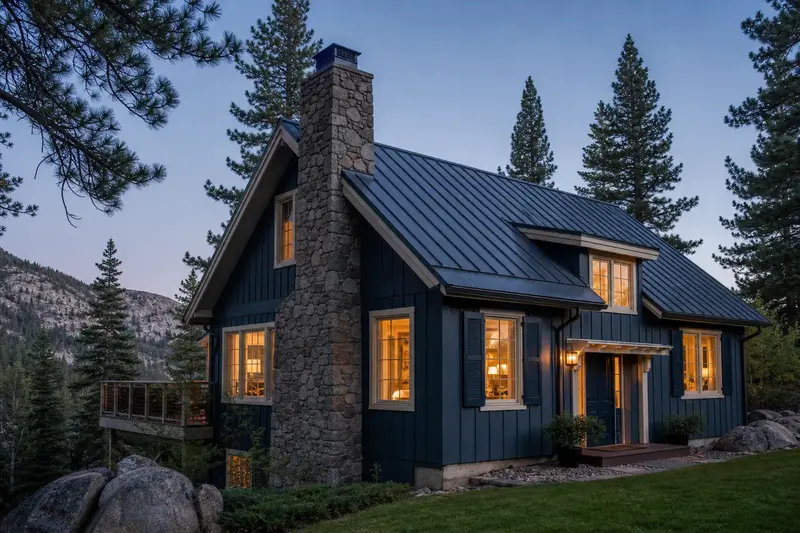 A 1980s board-and-batten mountain house with a stone chimney on a steep snow-shedding roof and neat mortar joints; illustrative image