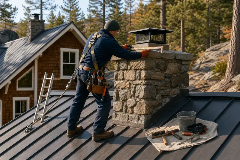 A harnessed mason measuring the crown of a granite stone chimney on a metal roof with a folding rule; illustrative image