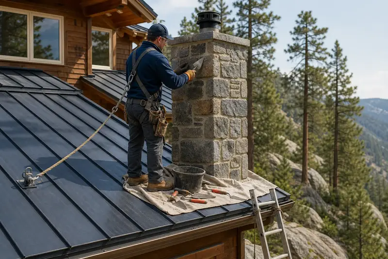 A harnessed mason repointing mortar joints on a stone chimney on a steep snow-shedding roof with a pointing trowel; illustrative image