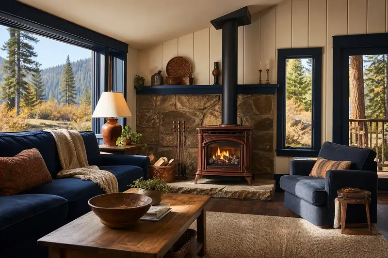 A living room with a freestanding gas stove glowing warmly behind glass, no one present; illustrative image