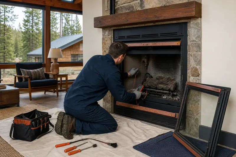 A technician testing the igniter of a direct-vent gas fireplace with the glass front set aside; illustrative image